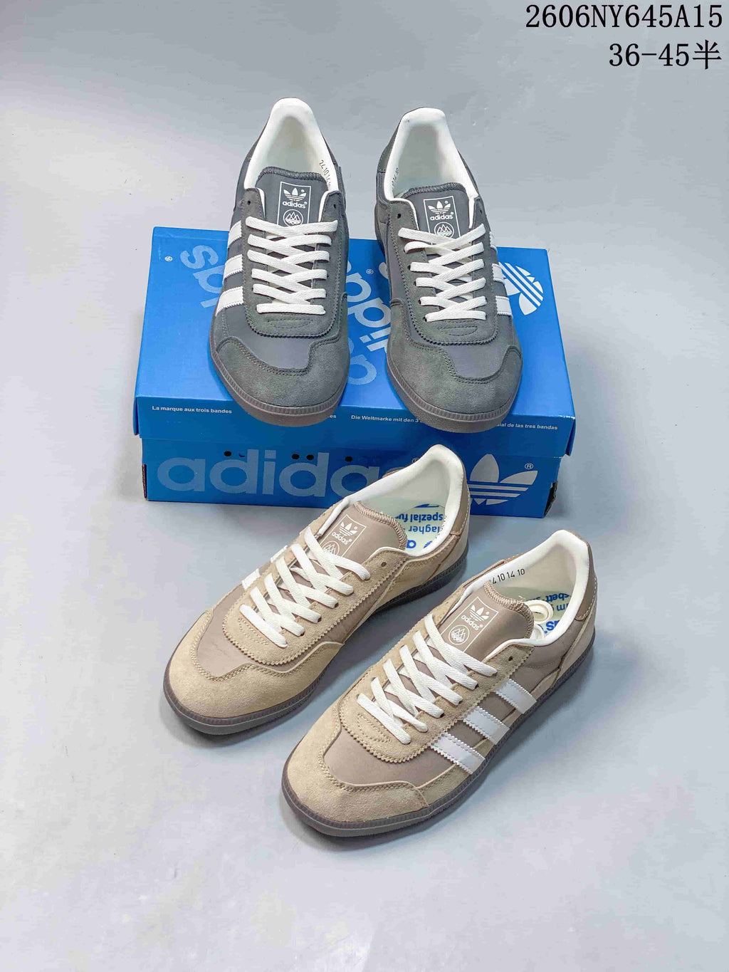Grey and beige adidas Handball Spezial sneakers shown together from above and at an angle.