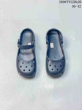 Pair of navy Crocs-branded clog-style shoes shown from above with ventilation openings and heel straps; image text shows style code 2606YY120A20 and sizes 36–42.