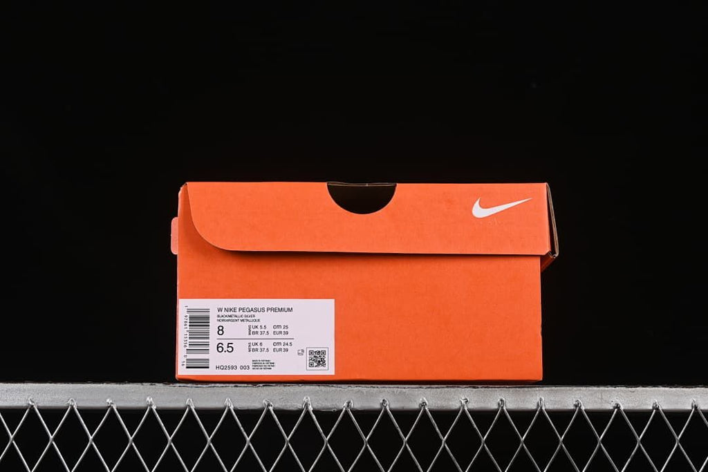 Orange shoe box label for Nike Pegasus Premium, style HQ2593-003, with sample size details