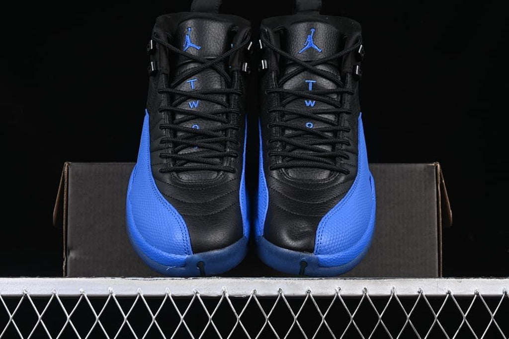 Front view of both sneakers with blue tongue logos and side panels