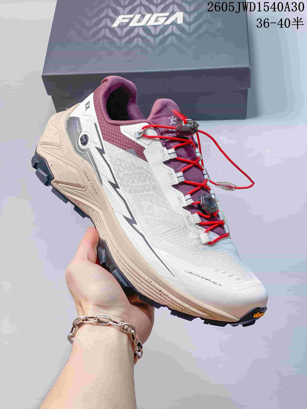 Side view of a white and plum KAILAS FUGA EX3 BOA trail shoe