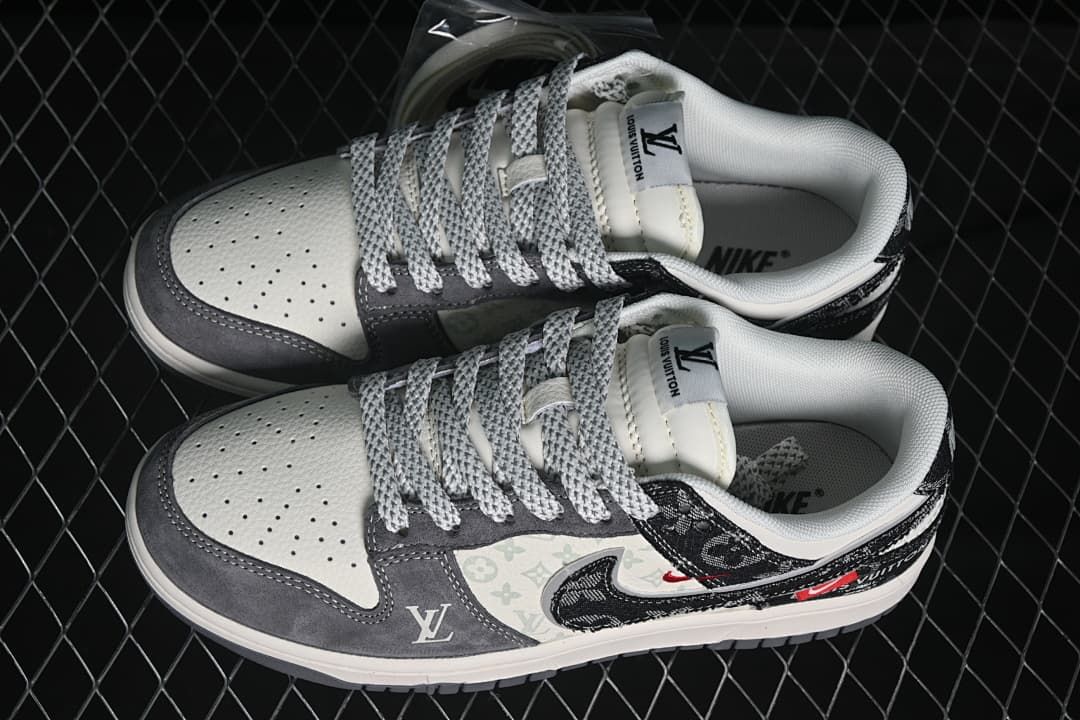 Top view of a pair of patterned low-top sneakers with contrast laces and perforated toe panels.