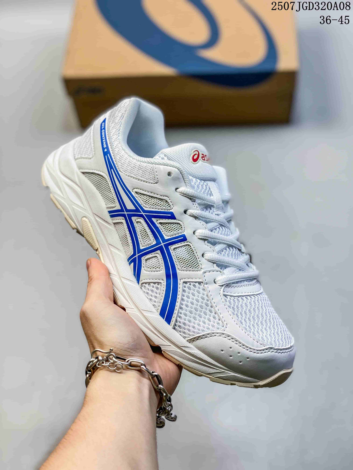 Angled view of the white and blue ASICS Gel-Contend 4 sneaker