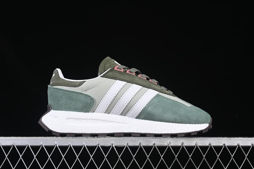 Side profile of the adidas Retropy E5 with white stripes and a white midsole