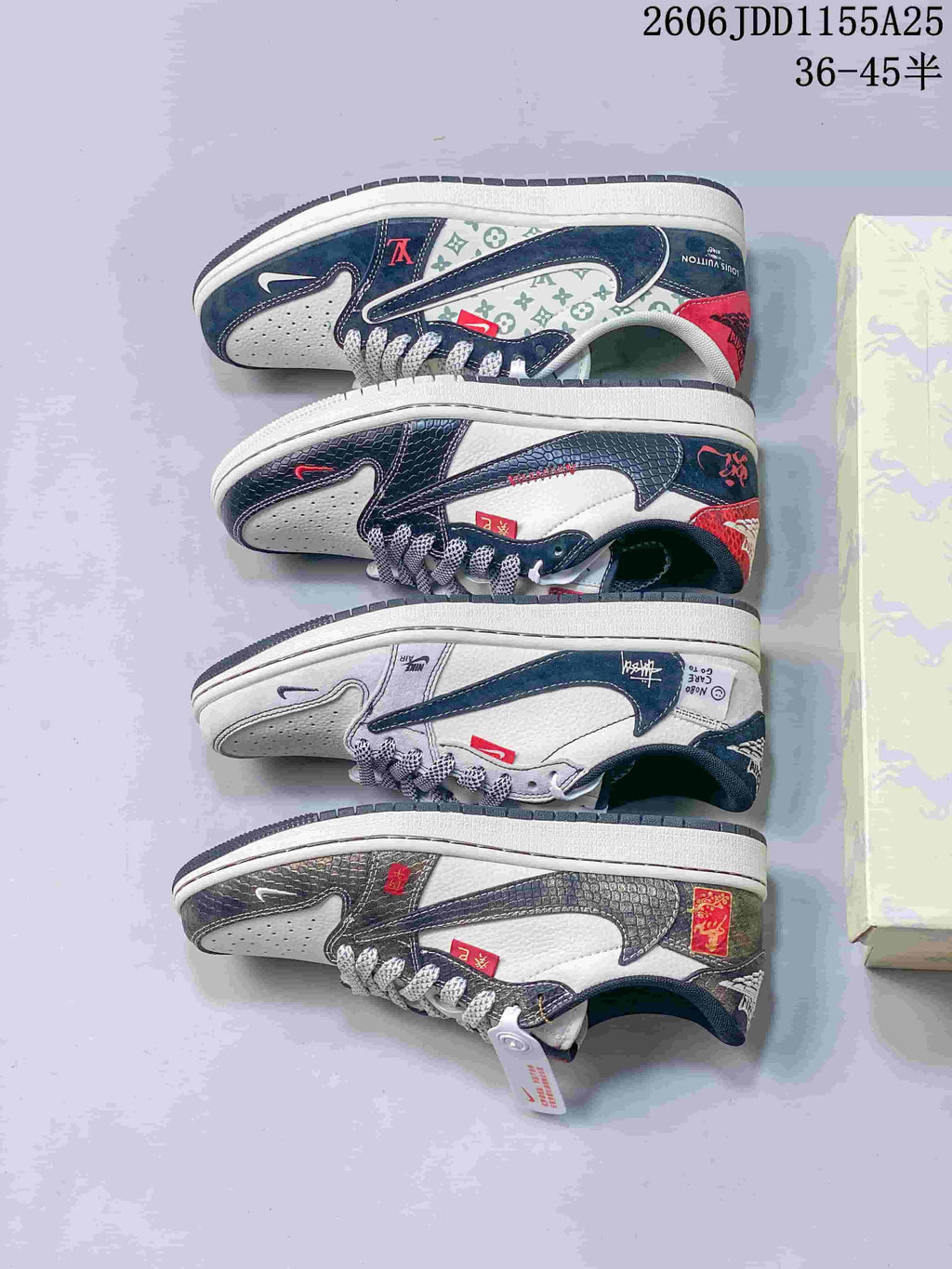 Four photographed low-top sneaker designs arranged side by side, showing different overlays, patterns, and accent colors.
