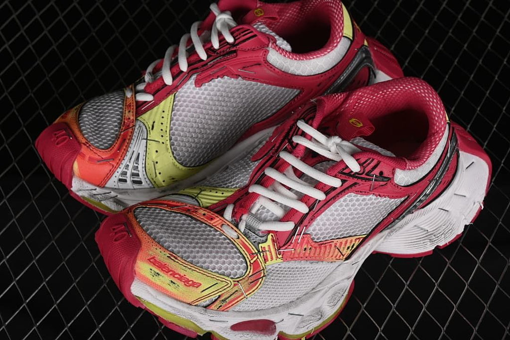 Pair of multicolor sneakers shown from above at an angle