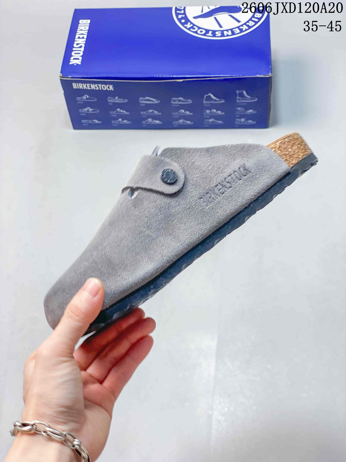 Side profile of a gray closed-toe clog with an open heel