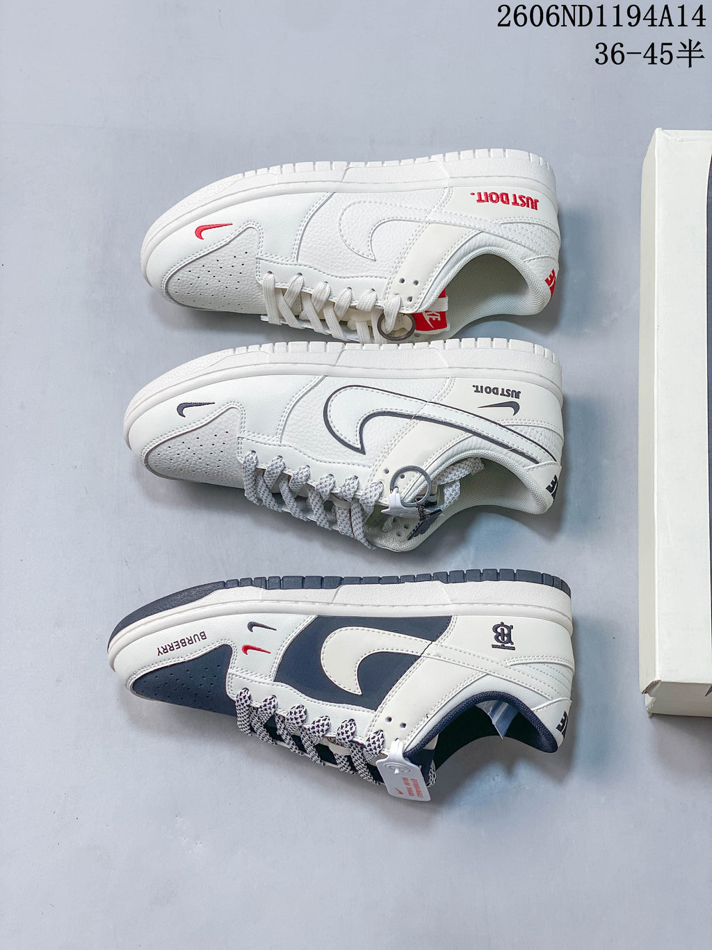 Three custom low-top sneaker designs displayed side by side, in white and navy-and-white colorways.