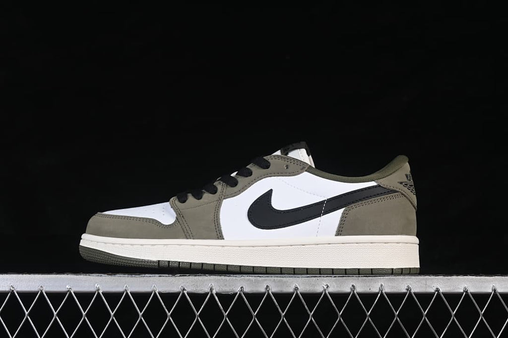 Opposite side view of the olive, white, and black Jordan 1 Low sneaker