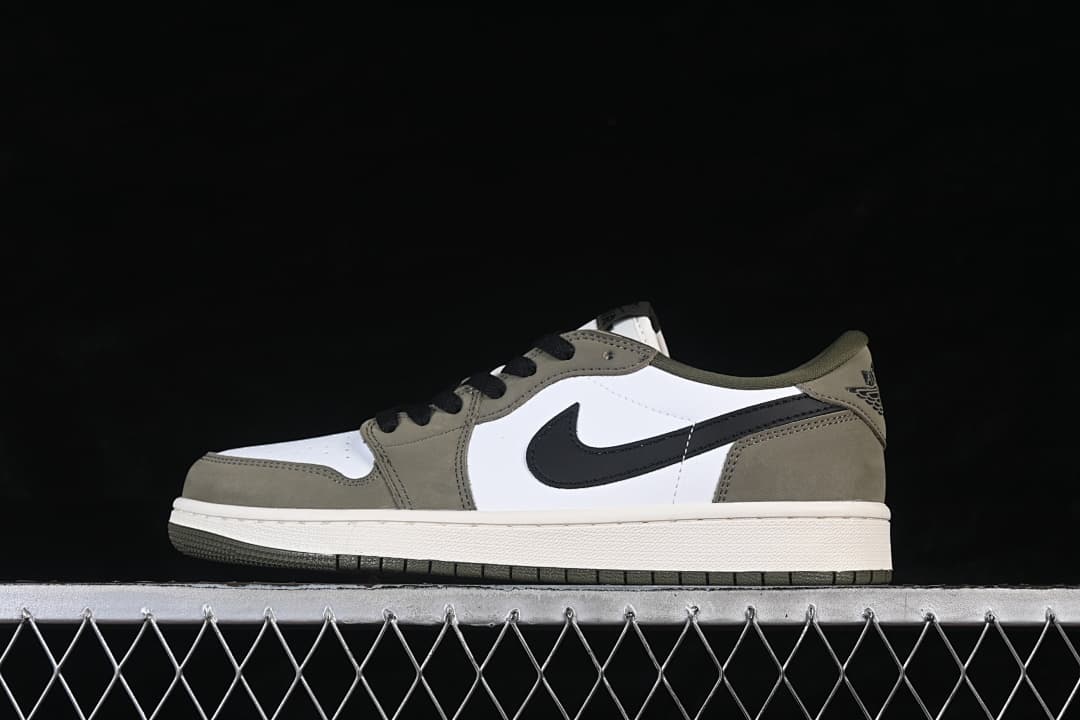 Opposite side view of the olive, white, and black Jordan 1 Low sneaker