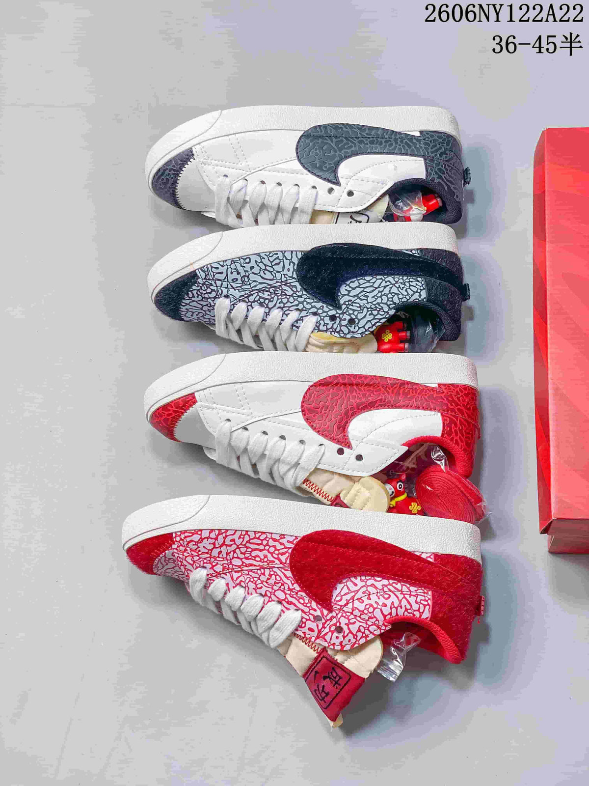 Four views of the sneakers in red-and-white and black-and-white colorways