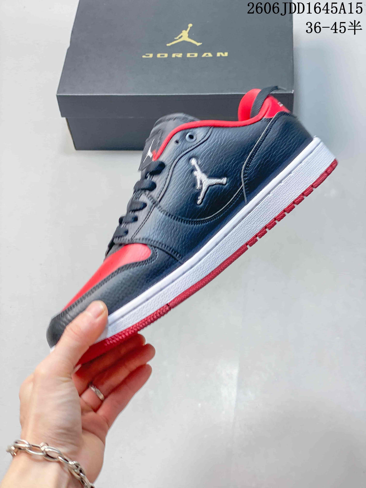 Side view of a navy and red Jordan Court Connect low-top sneaker