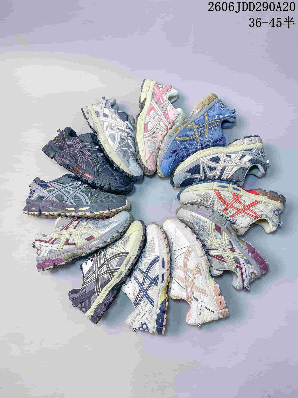 A selection of ASICS Gel-Kahana 8 sneakers in assorted color combinations; image text states sizes 36–45.