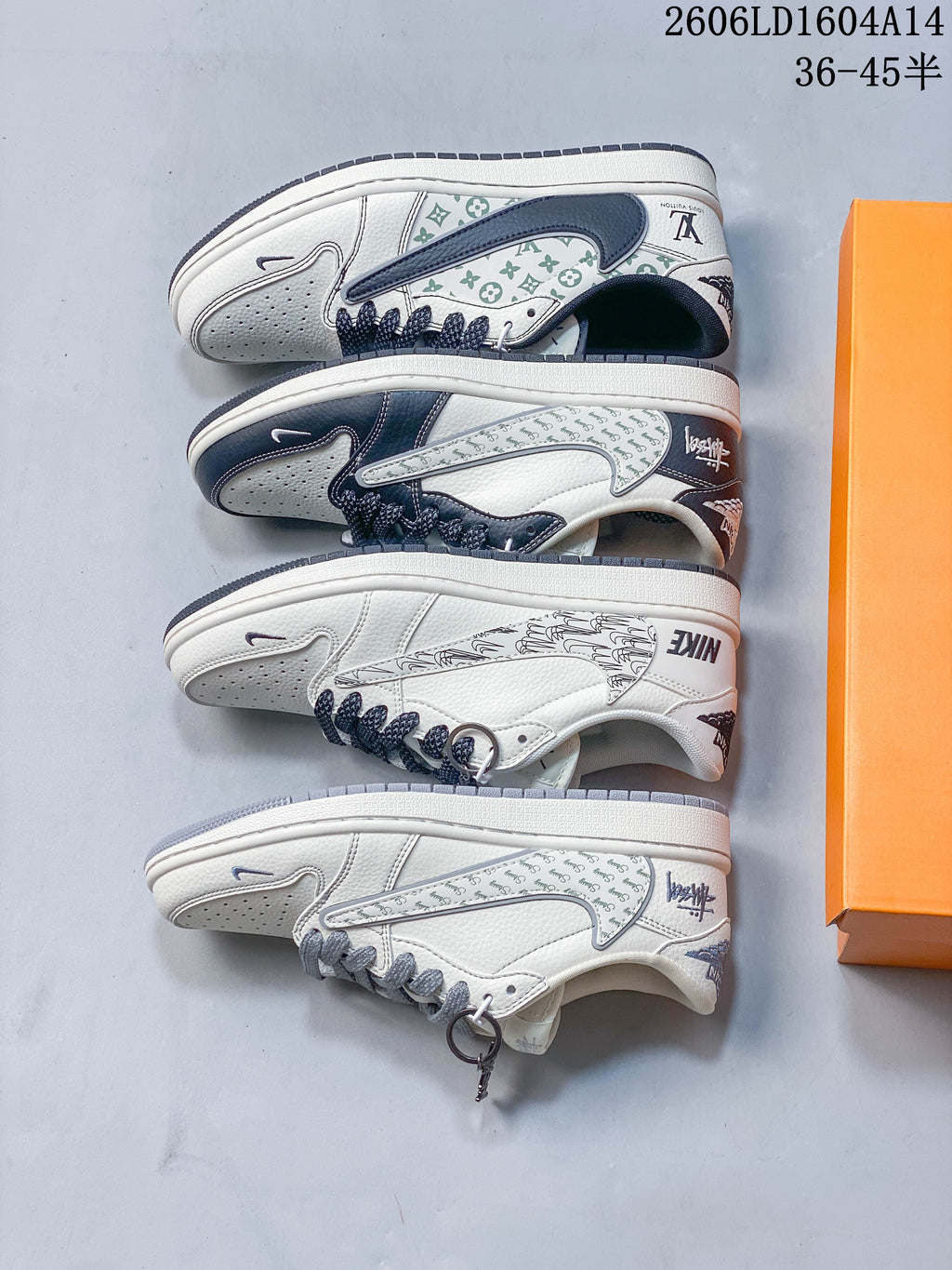 Four graphic low-top sneaker variations shown in a row