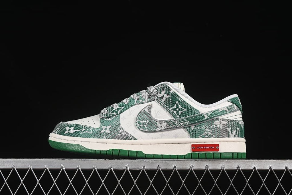 Side view of a green-and-white patterned low-top sneaker with a green outsole