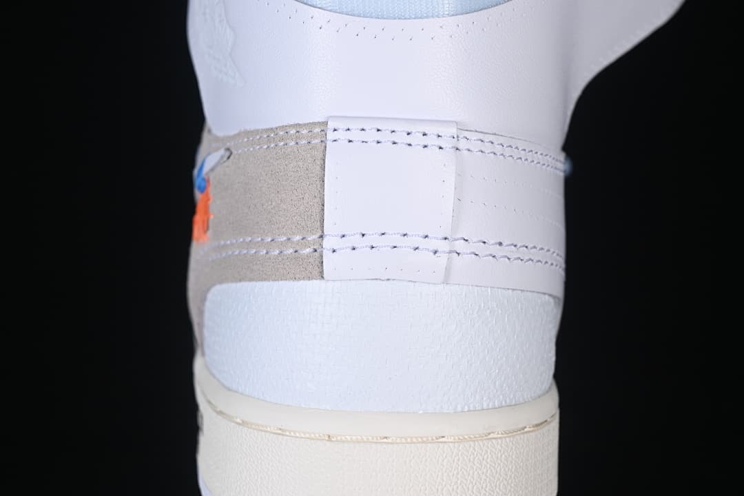 Close-up of the heel panel stitching and contrasting overlay
