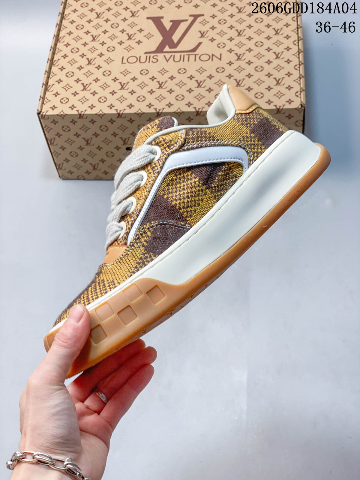 Side profile of the sneaker with check-pattern upper, white panel, and chunky tan-edged sole