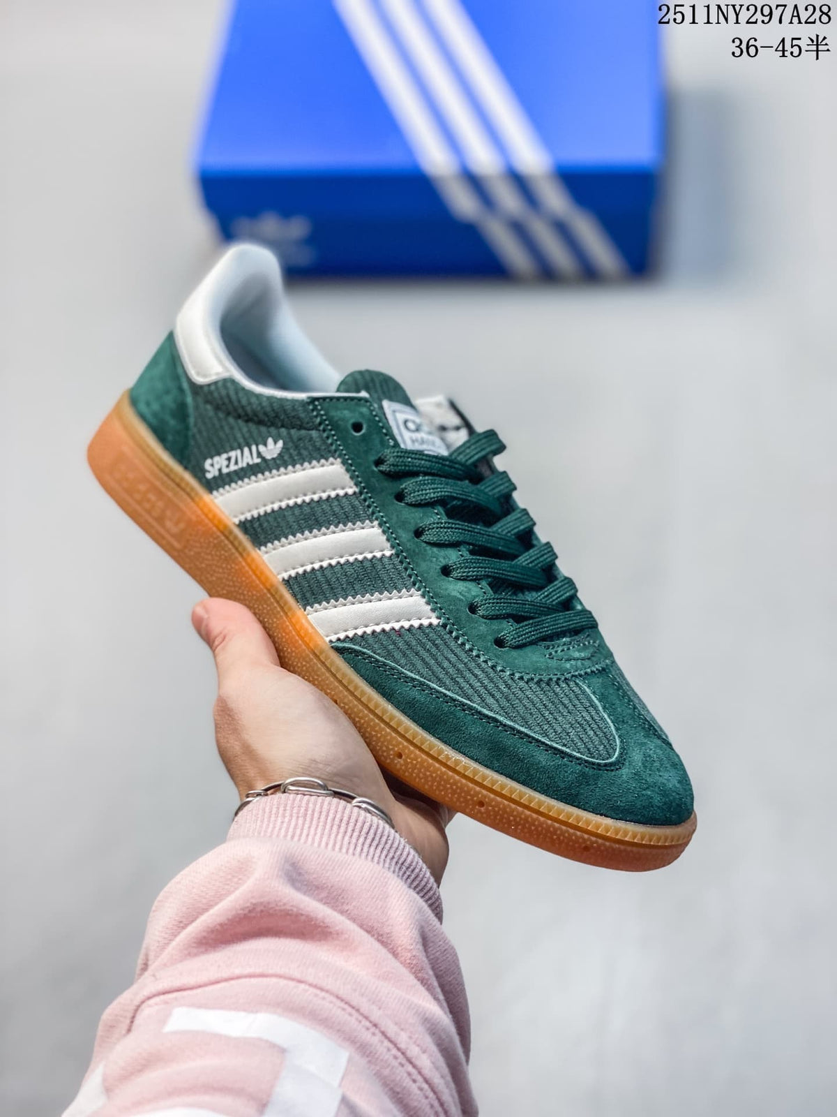 Dark green Adidas Spezial-style sneaker with white stripes and gum outsole