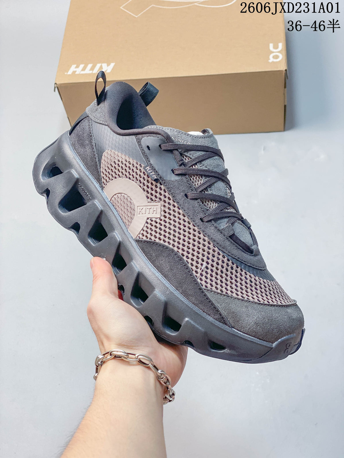 Angled side view of the brown and gray On x Kith K-Tech 2 sneaker