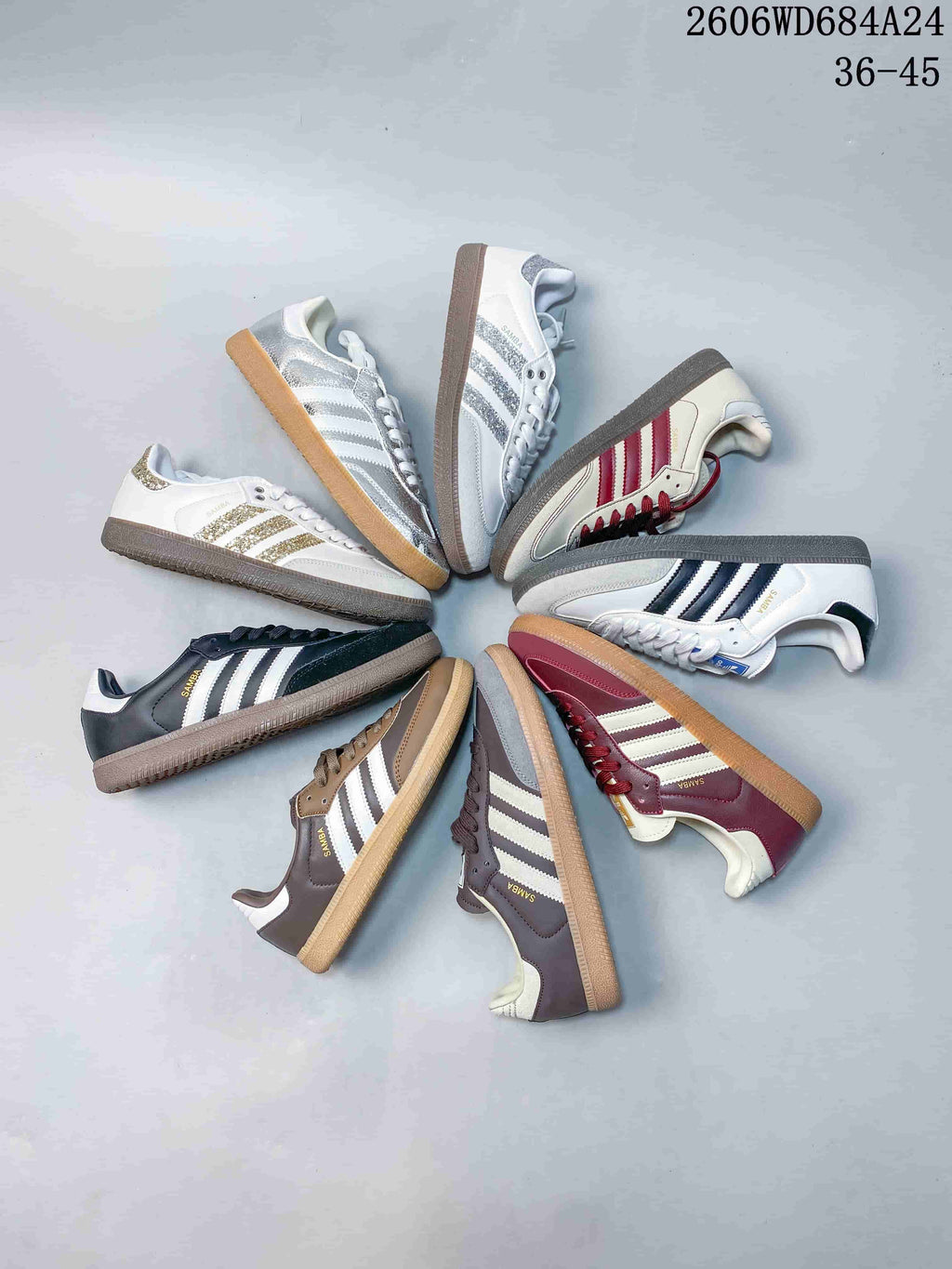 Several Adidas Samba-style sneakers arranged in a circle, shown in assorted colorways.
