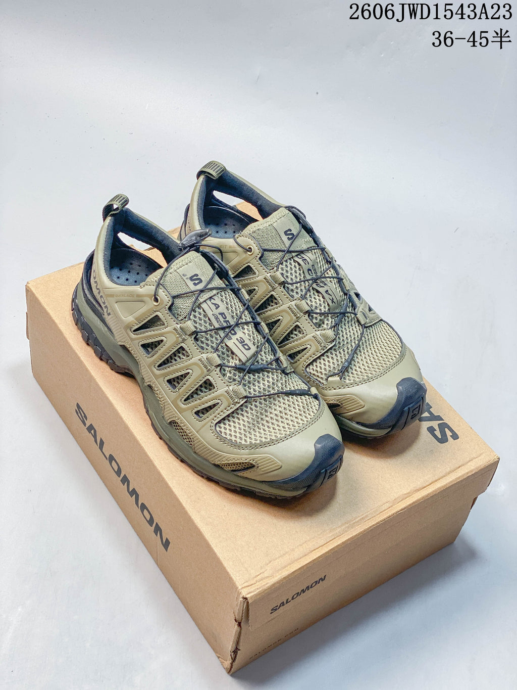 Olive Salomon XA Pro 3D Amphib sneakers shown from above beside a shoe box