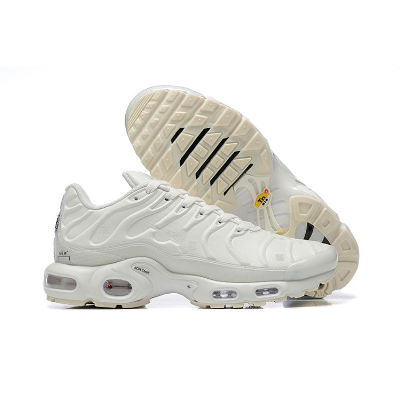 Off-white Nike Air Max Plus-style sneakers shown from the side and underneath.