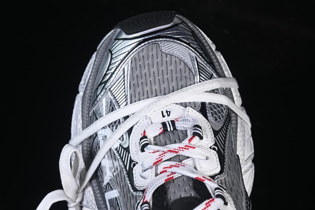Top view showing the tongue, laces, and layered upper