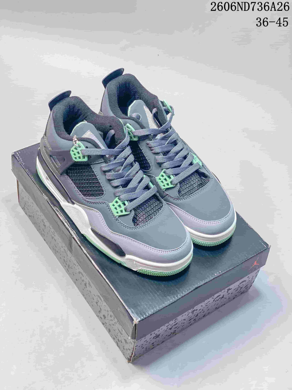 Pair of grey and mint-accented Jordan Air Jordan 4 Retro high-top sneakers on a shoebox