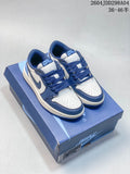 Blue and white low-top sneakers shown on a shoe box