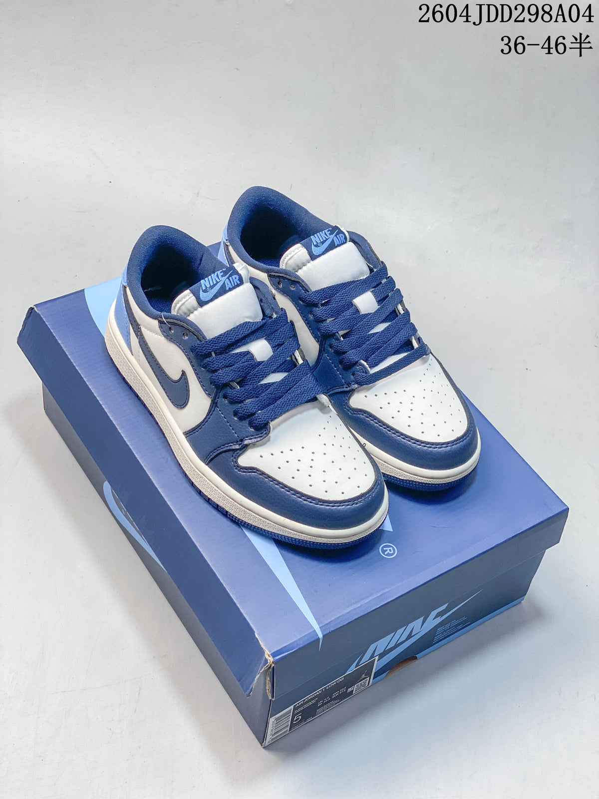 Blue and white low-top sneakers shown on a shoe box