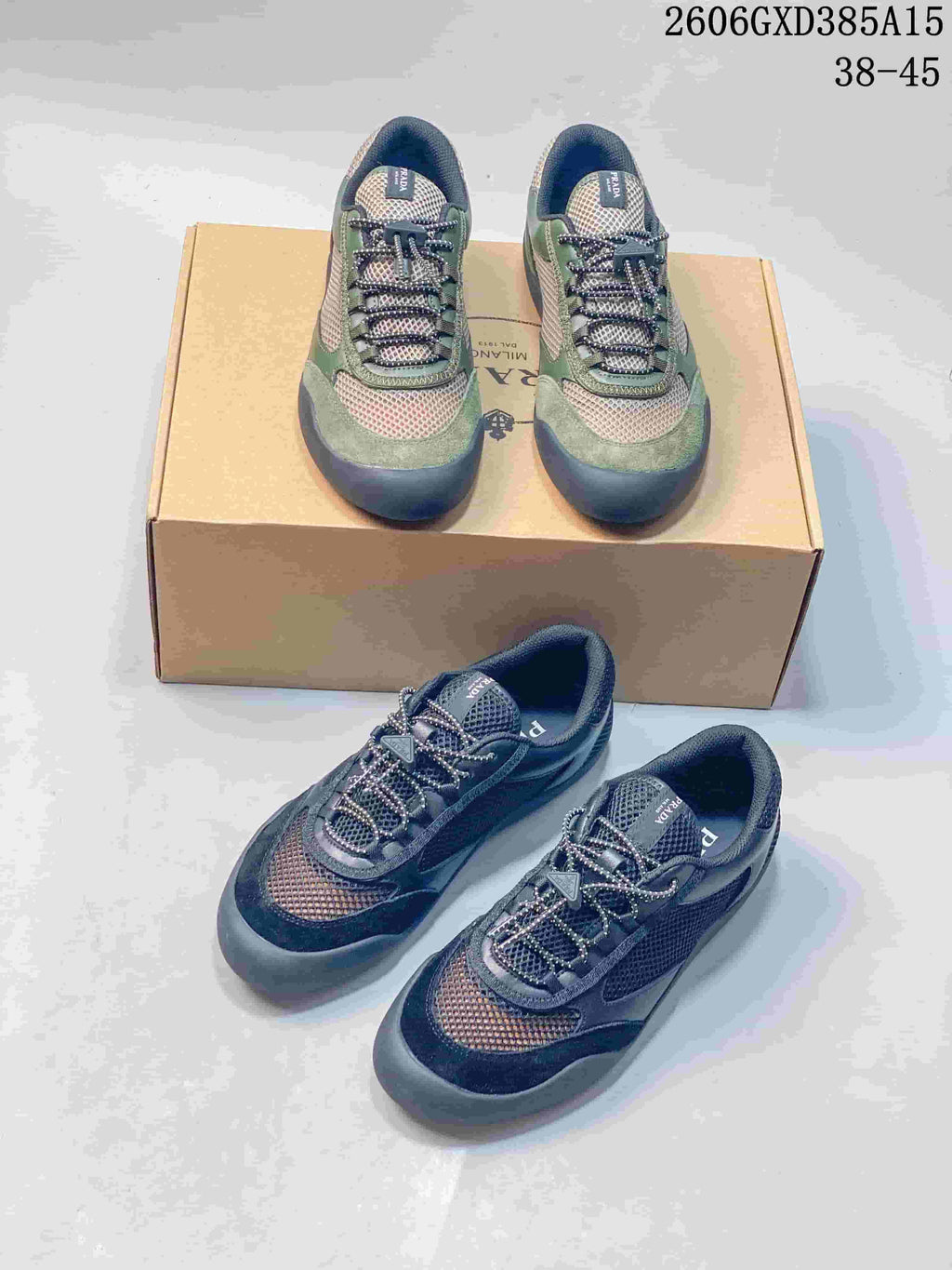 Green and dark navy mesh-panel sneakers shown from several angles