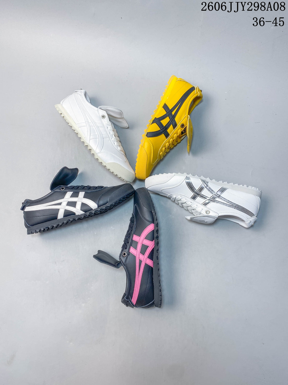 Five Onitsuka Tiger Mexico 66 Golf sneakers arranged together in white, charcoal, yellow, and accent-color combinations.