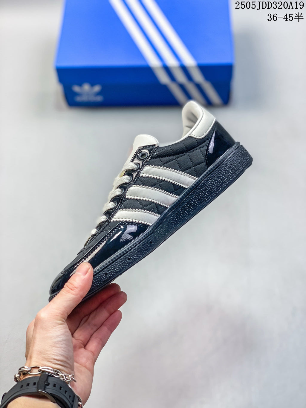Side profile with quilted dark panels, white stripes, and a dark sole.