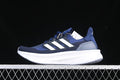 Side view of blue adidas Ultraboost 5 running shoe with white stripes and white midsole.
