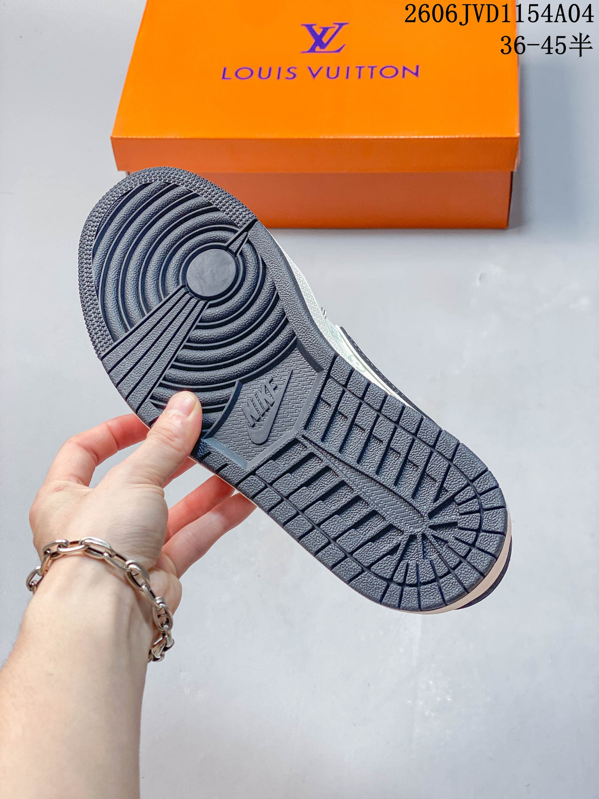 View of the dark navy patterned outsole on an off-white low-top sneaker.