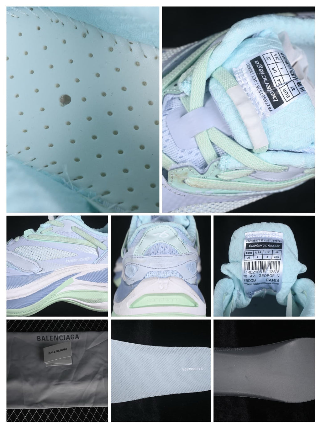 Detail collage showing perforated upper material, branding, tongue size label, heel, packaging and sole.