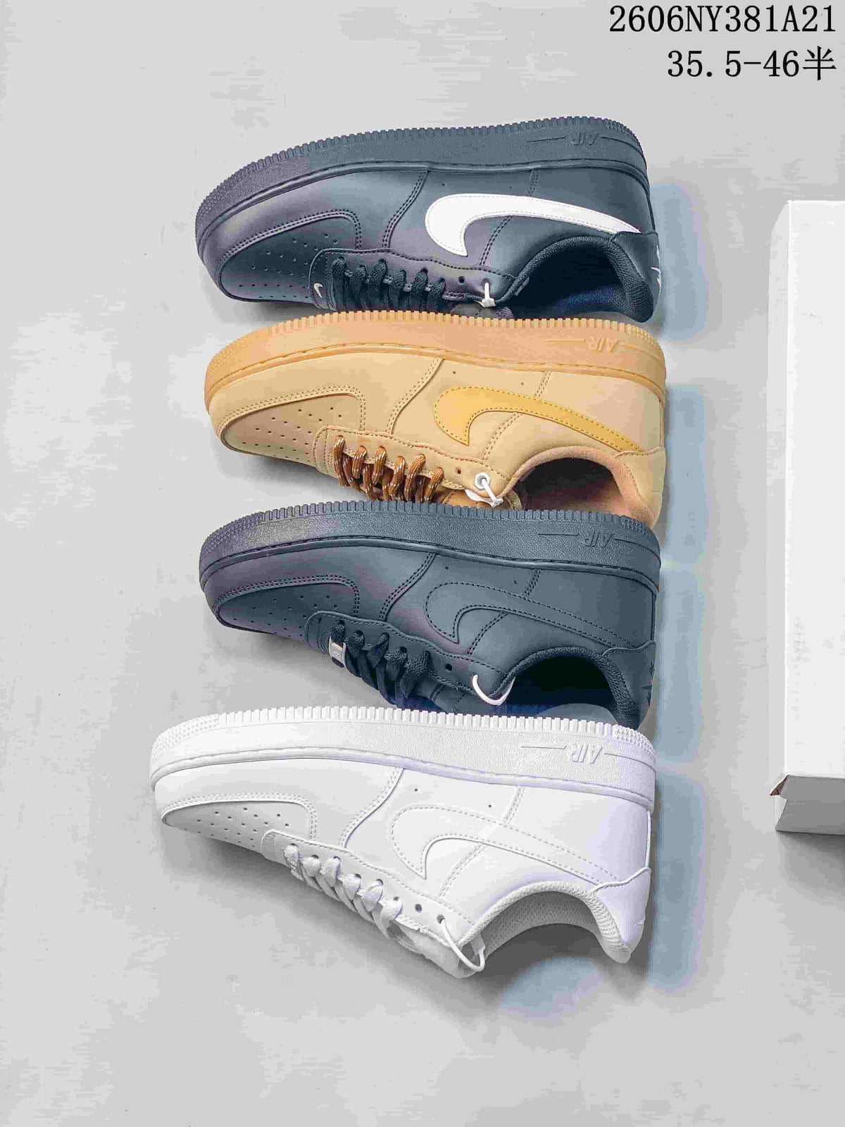 Four Nike Air Force 1 low-top colorways shown from the side