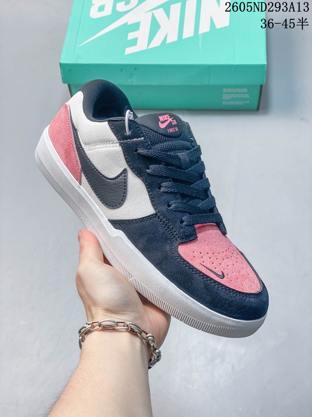 Navy, gray and pink Nike SB Force 58 low-top shoe with perforated toe
