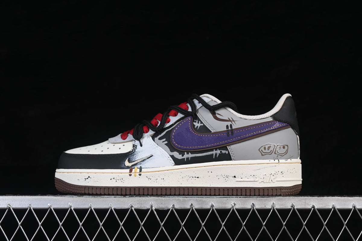 Side view showing purple Swoosh, gray heel panel, graffiti graphics, and brown outsole