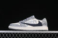 Side view of a gray and off-white low-top sneaker with a dark navy Swoosh and decorative side graphics.