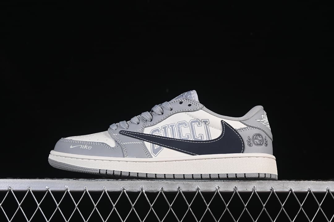 Side view of a gray and off-white low-top sneaker with a dark navy Swoosh and decorative side graphics.