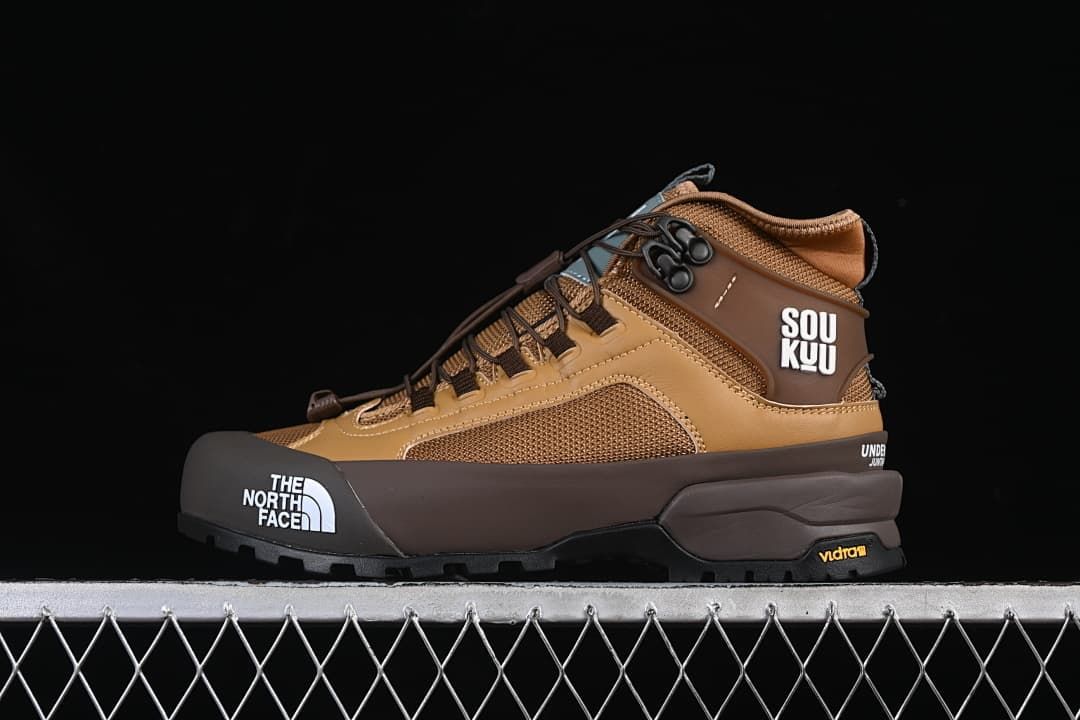 Side view of brown The North Face Glenclyffe mid hiking shoe with dark outsole