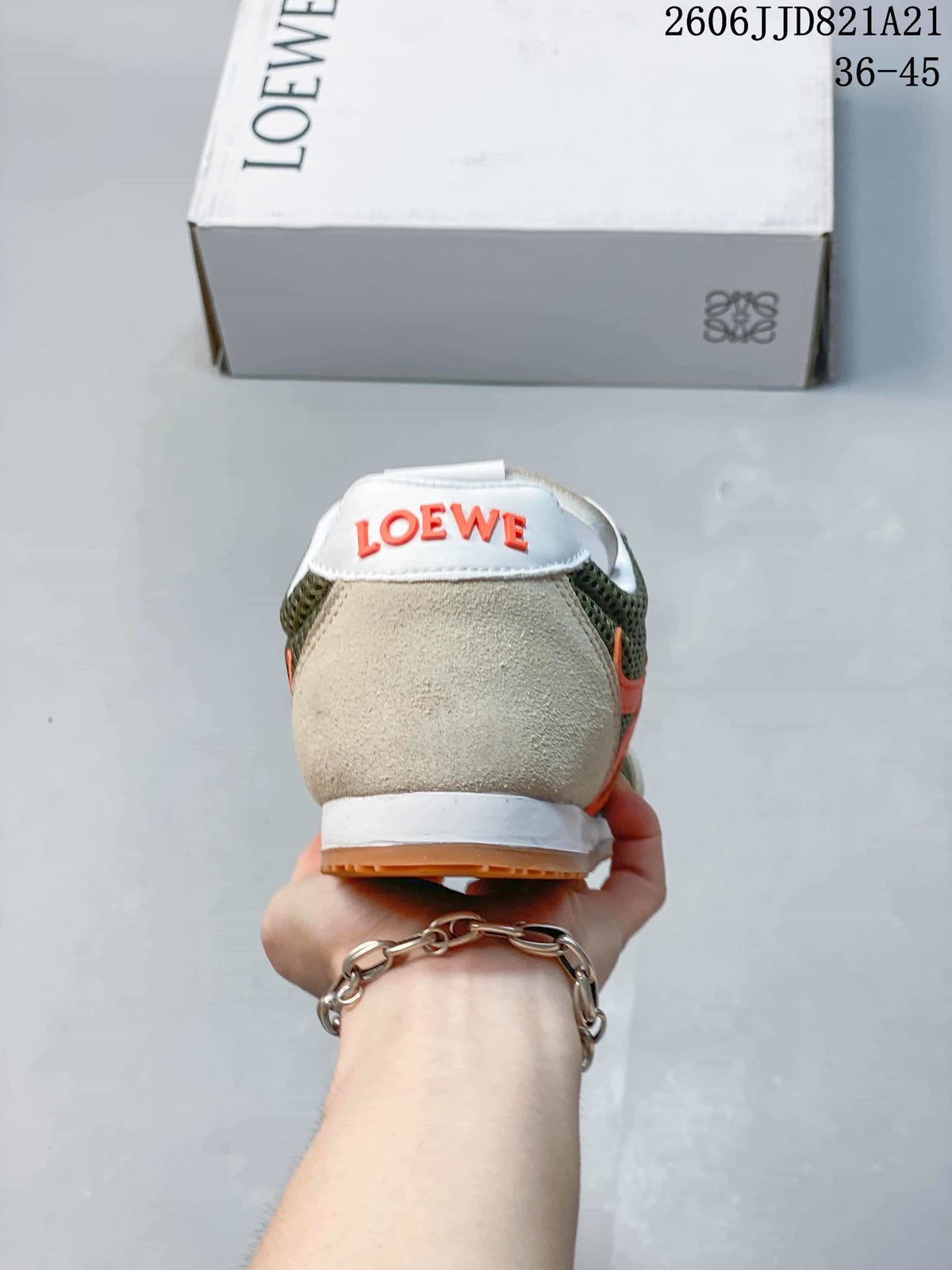 Rear view of a sneaker showing beige heel panels and Loewe branding