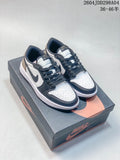 Pair of white, dark brown and grey Jordan AJ1 Low sneakers shown on a shoe box