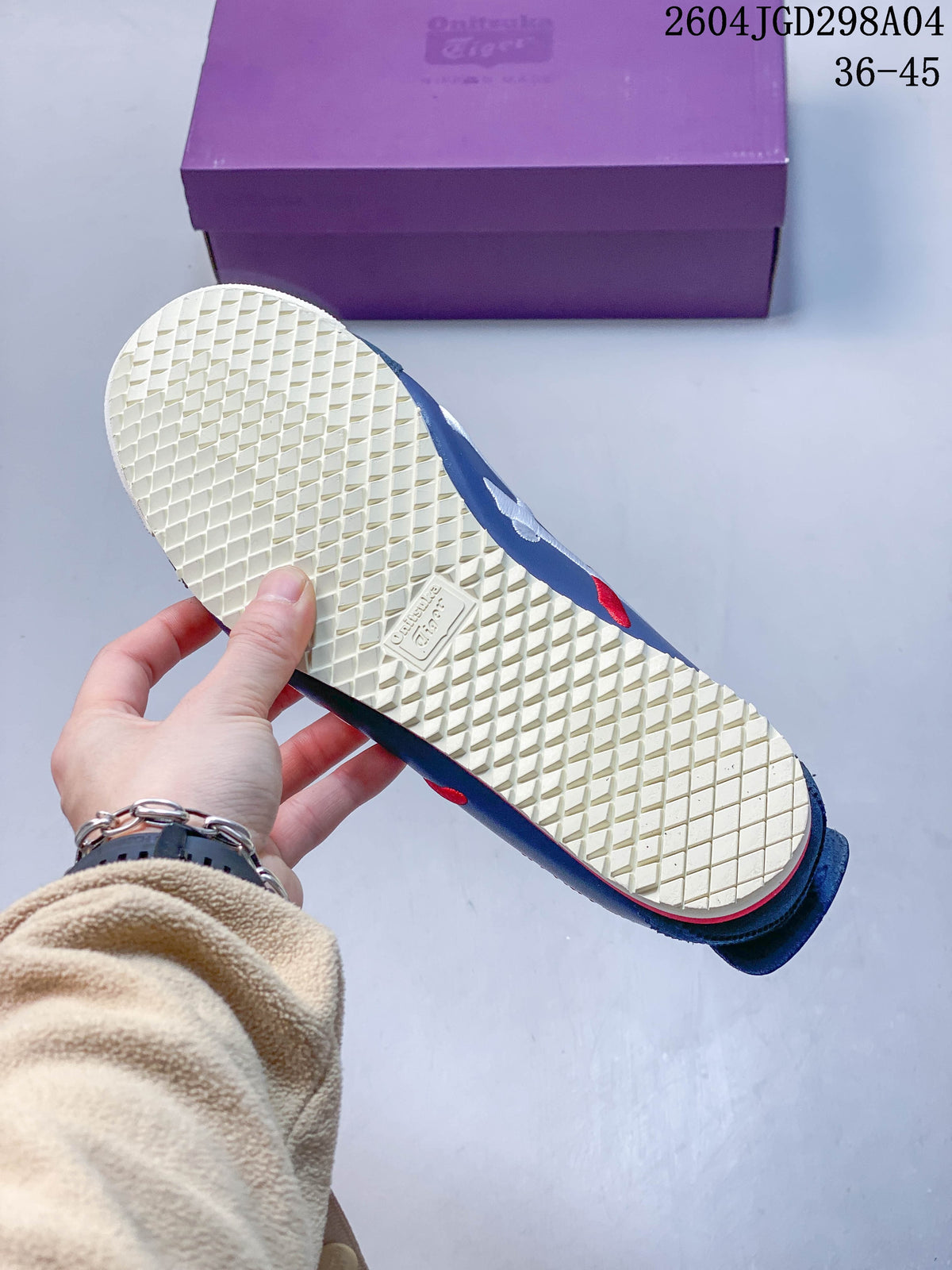 Close-up of the off-white patterned outsole of a blue sneaker