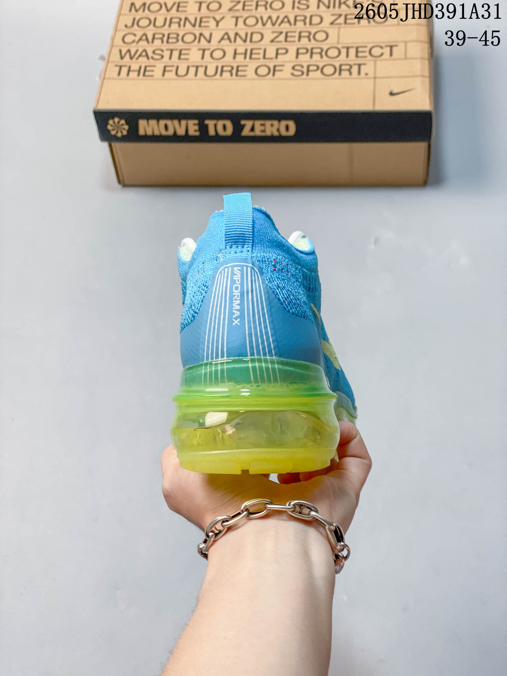 Rear view showing the heel and translucent lime-green sole