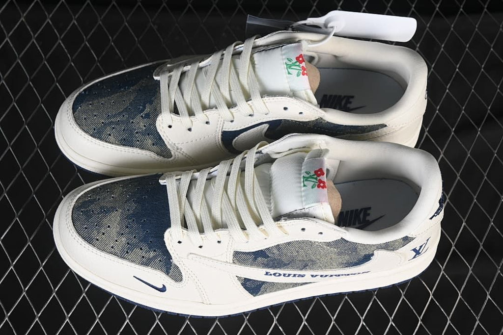 Overhead view of a pair of off-white and blue patterned low-top sneakers with white laces.