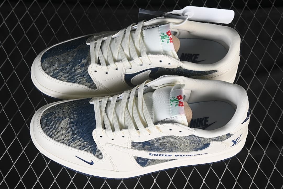 Overhead view of a pair of off-white and blue patterned low-top sneakers with white laces.