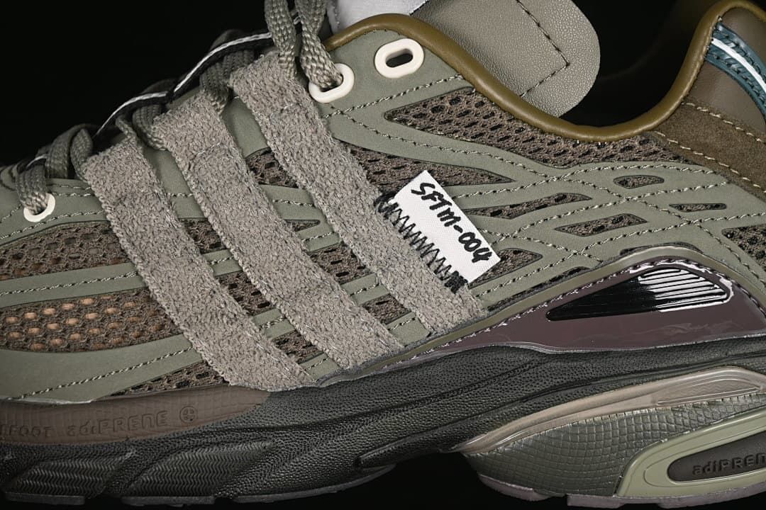 Close-up of the side panels, laces and layered textures.
