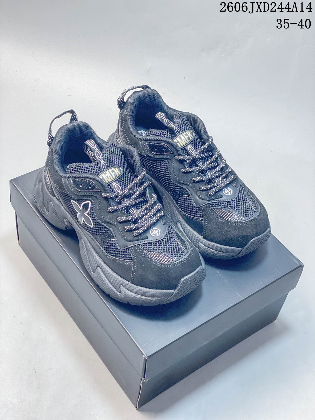Pair of dark gray SMFK Future Ripple low-top sneakers displayed on a box